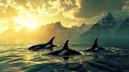 Fototapeta premium A pod of orcas swimming side by side in perfect harmony, with the sun casting dramatic rays on the ocean's surface as they move gracefully through the water
