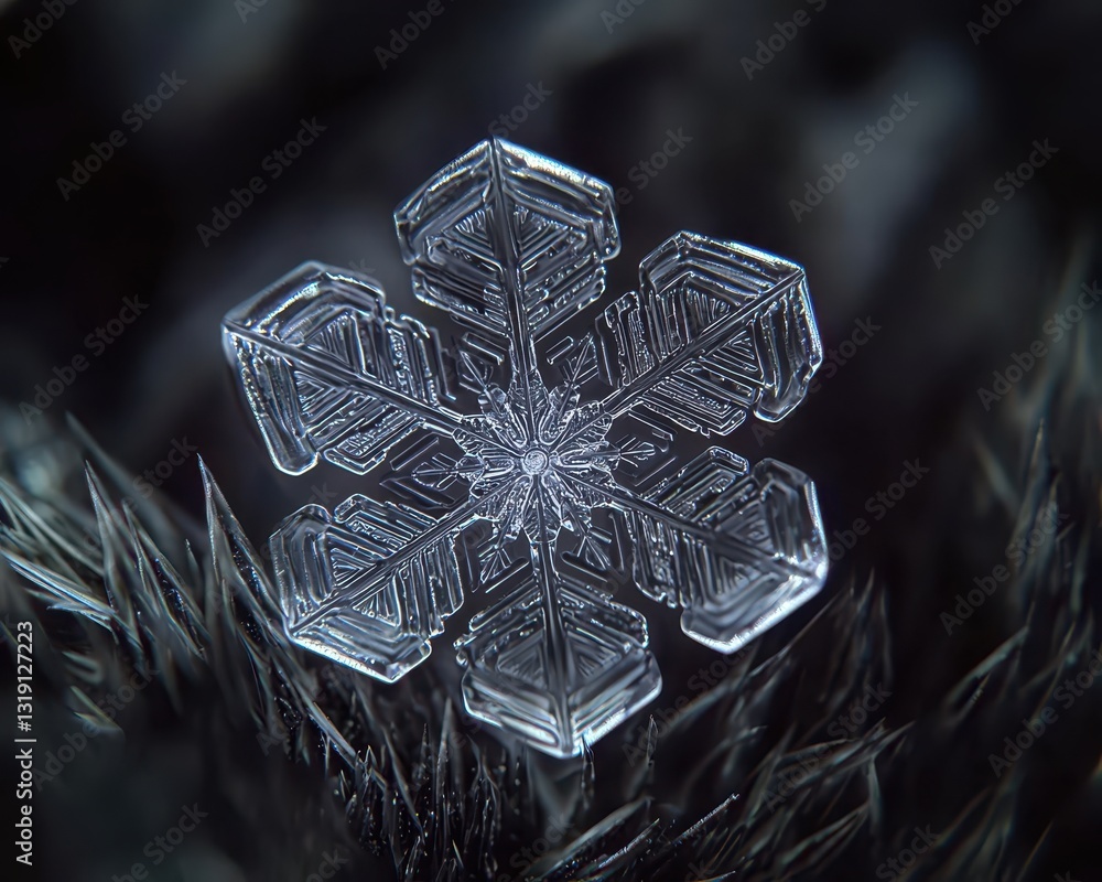 Poster intricate snowflake on dark background with textured ice surface