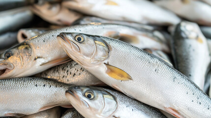 Fototapeta premium Silver salmon glistening on crushed ice, displaying iridescent scales at crowded seafood market, representing premium fresh catch ready for culinary preparation