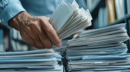 A man sorting through a stack of papers in a well-organized office space, highlighting the themes of organization and meticulousness essential for productivity in a professional setting.