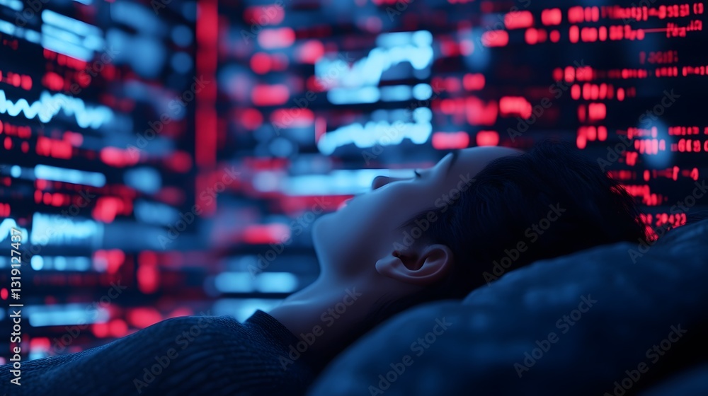 Poster a person immersed in a digital sleep matrix, their dreams analyzed by floating data visualizations