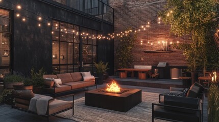 An urban industrial patio with steel furniture, a fire pit, and string lights for an edgy outdoor vibe
