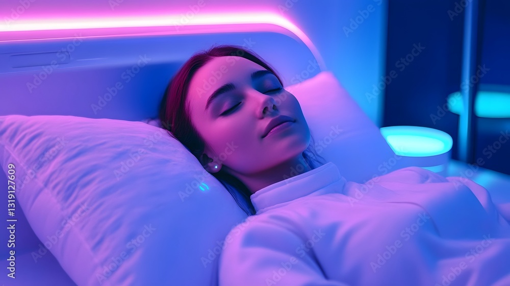 Poster futuristic smart pillow with biometric sensors tracking sleep and sending data to advanced device