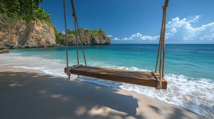 Wooden swing on tropical beach paradise