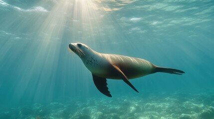 A curious sea lion gliding through the ocean&rsquo;s clear waters, its sleek form reflecting the sun&rsquo;s rays as it swims near the surface