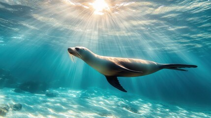 Obraz premium A playful sea lion swimming gracefully just beneath the ocean's surface, its streamlined body illuminated by sunlight filtering through the clear water