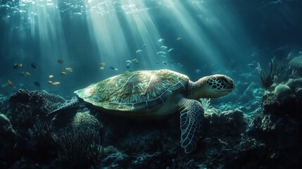 Obraz premium An enchanting close-up of a sea turtle swimming peacefully in a sunlit underwater paradise, with colorful corals and shimmering fish creating a vibrant oceanic scene