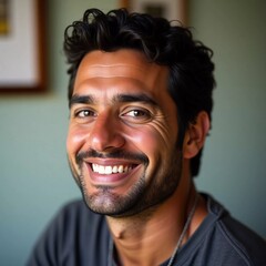 Fototapeta premium This vibrant portrayal captures a Brazilian man, exuding happiness with a warm smile, immersed in a cozy atmosphere filled with natural light and personal touches