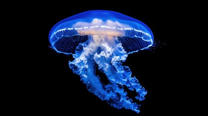 A serene blue jellyfish floating gracefully, its soft glow contrasting against the deep blue water