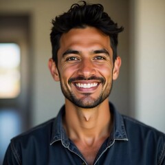Obraz premium A Brazilian man with a radiant smile stands in a softly lit space, his eyes sparkling with joy. His casual attire and confident demeanor evoke a sense of warmth and positivity