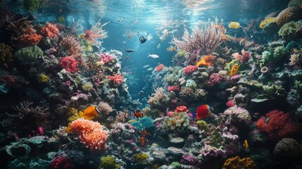 Naklejka premium A vibrant underwater scene of a coral reef, filled with various marine species such as fish, shrimp, and sea anemones, in a stunning display of ocean life