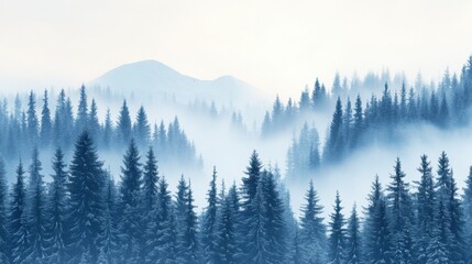 Fototapeta premium Foggy Winter Forest Landscape with Pine Trees and Mountains in a Cold Serene Atmosphere