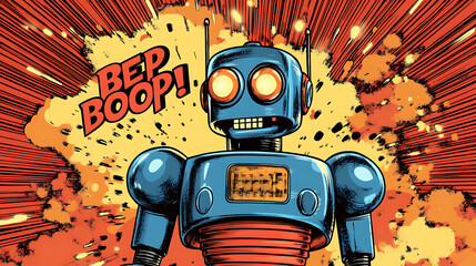 Retro robot in comic book style with explosions.
