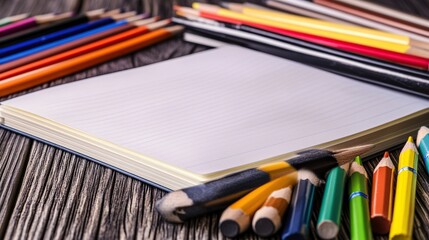 Blank notebook, colored pencils, wooden desk, art supplies, creative background