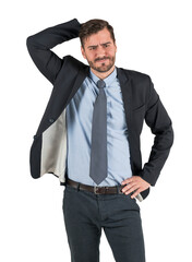 Businessman in formal suit scratching his head with a puzzled expression, standing against a white...