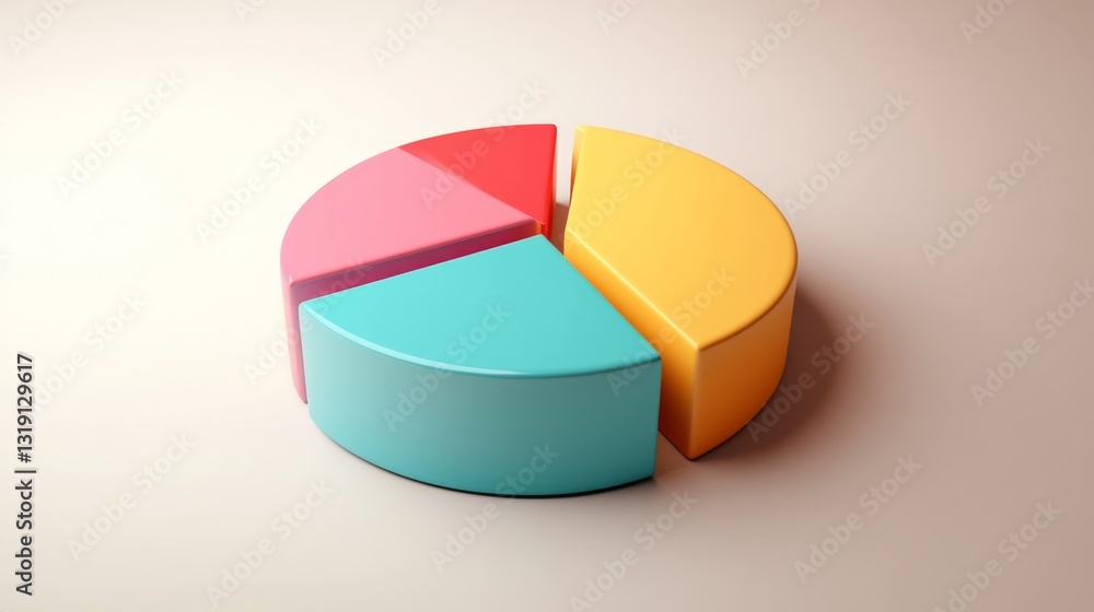 Poster a simple d pie chart with colorful sections, set against a soft, solid-colored background for an ele