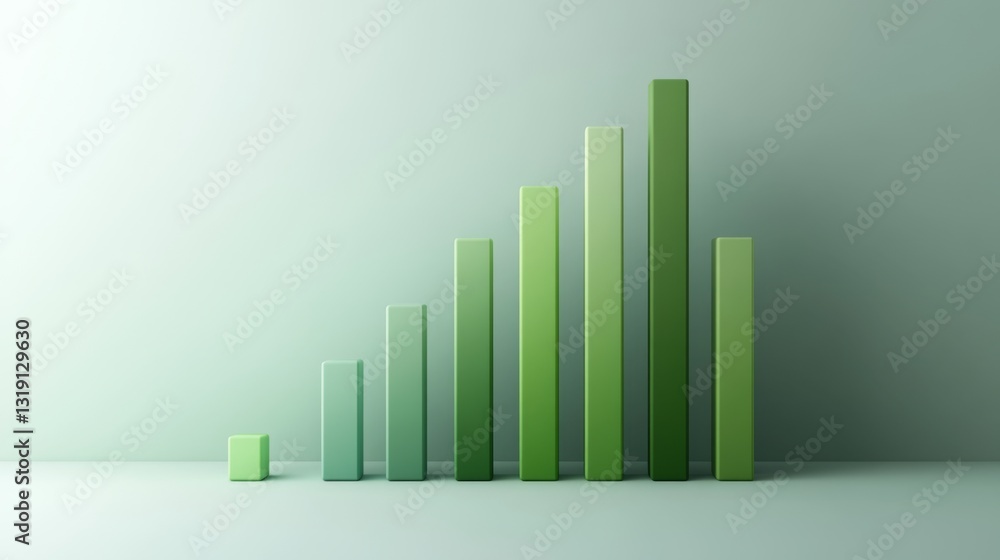 Poster a simple d bar graph with varying shades of green on a minimalist white background, illustrating gro