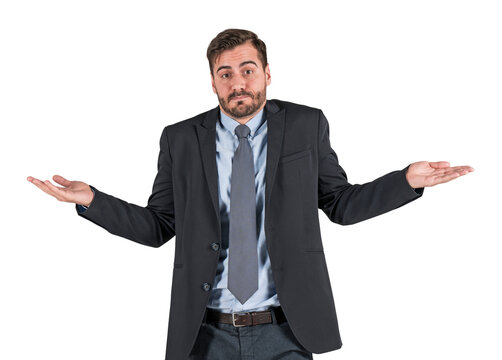 Businessman in formal suit shrugging with both hands raised, expressing confusion or uncertainty. Isolated on white background. Concept of doubt