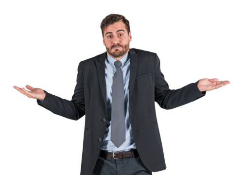 Businessman in formal suit shrugging with both hands raised, expressing confusion or uncertainty. Isolated on white background. Concept of doubt