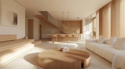 Fototapeta premium Bright Scandinavian living room with light wood furniture, soft neutral colors, and minimalist design