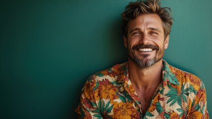 A smiling man in a floral print shirt leans against a green wall, exuding confidence and charm, representing an uplifting atmosphere and joy in everyday life.