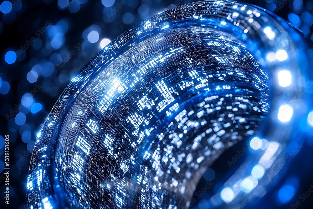 Poster glowing blue network sphere with intricate patterns and connections