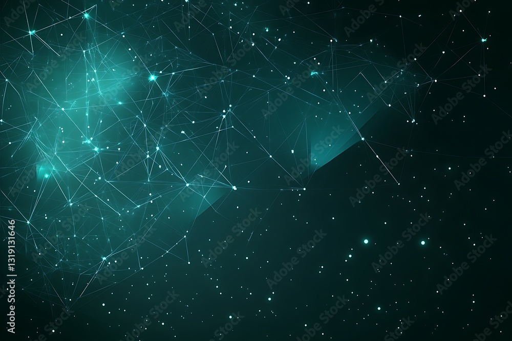 Poster glowing connection network with digital nodes and lines on teal backdrop