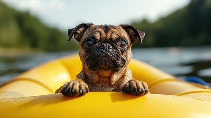 A cute pug dog lounges on a bright yellow flotation ring while floating on calm waters, showcasing a cheerful summer vibe and enjoying a delightful sunny day outdoors.