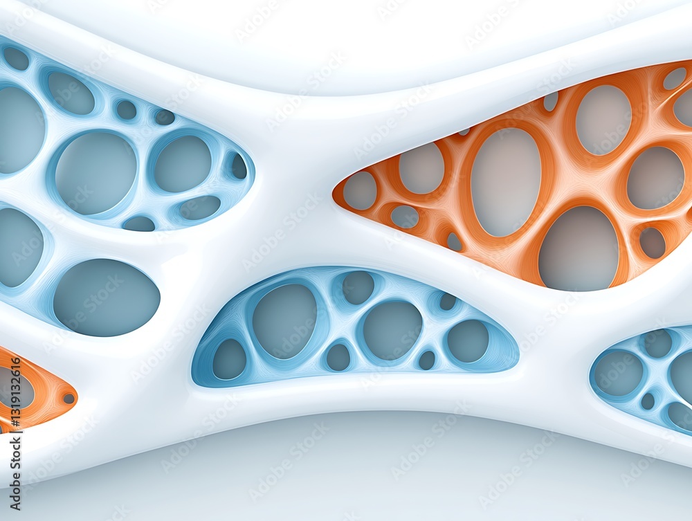 Poster intricate abstract structure, white matrix with oval openings and color fill