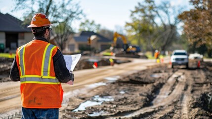 Obraz premium Construction Site Supervisor Reviewing Plans