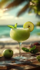 frozen green apple margarita daquiri cocktail in a glass at a bar on the beach