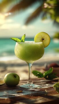 frozen green apple margarita daquiri cocktail in a glass at a bar on the beach