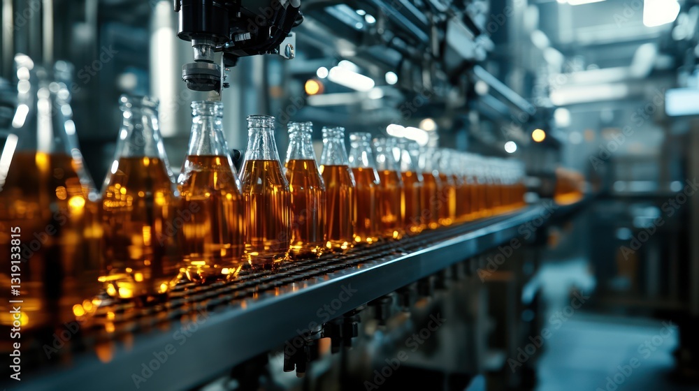 Poster automated beverage bottling line in factory