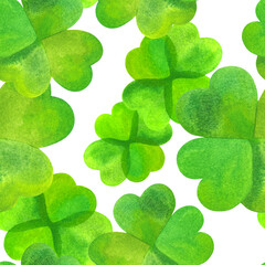 Seamless watercolor pattern for St Patrick's day, abstract four leaf clovers, background texture, wallpaper, on a white background