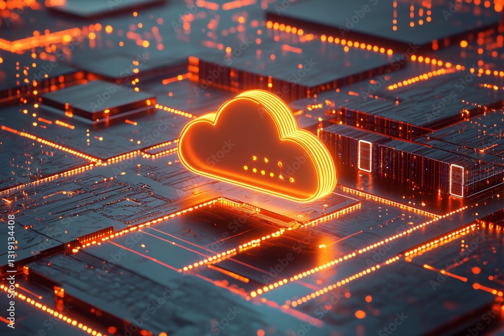 Poster cloud computing symbol on circuit board with servers