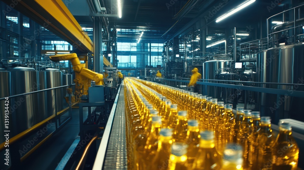 Poster automated bottling line in a beverage factory