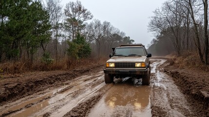 Obraz premium Off-Road Vehicle Navigating Muddy Trail in Foggy Forest Environment