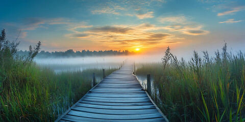 Peaceful Wooden Boardwalk Stretching Through a Foggy Landscape for Tranquil Nature Scenes, Travel Photography, or Serene Escapes