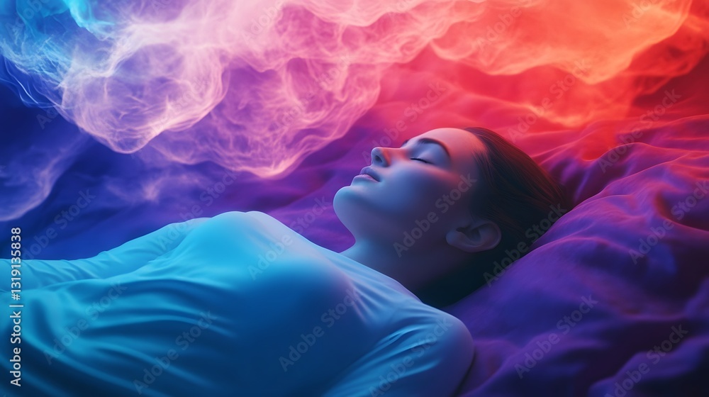 Poster surreal sleeping dreams appear as floating holograms above the resting figure