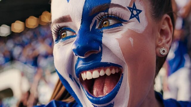 Joyful Israeli sports fan with vibrant blue and white face paint cheering at a stadium  

