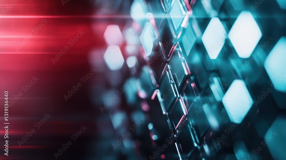 Poster an abstract depiction of hexagonal shapes intertwines with dynamic red and blue light patterns, crea