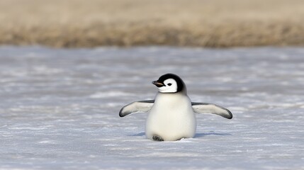 Antarctic chick waddles, wings outstretched, beach background, wildlife documentary