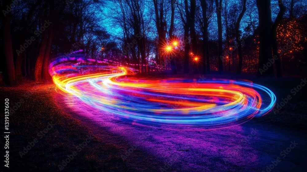 Poster in a tranquil park during twilight, brilliant light trails swirl and twist along a winding path, ill