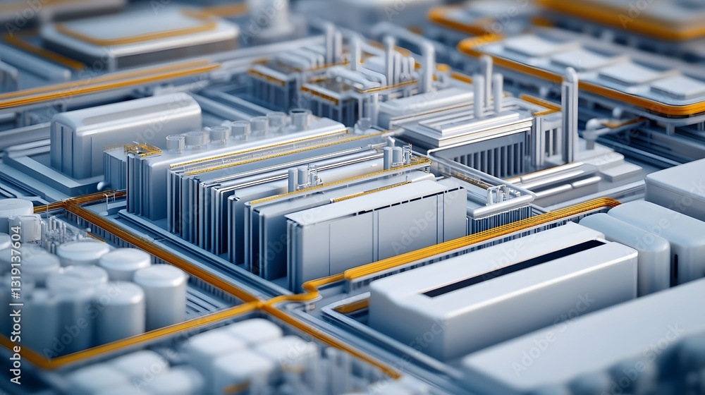 Poster futuristic 3d-rendered digital twin of a food processing plant leveraging blockchain for traceabilit