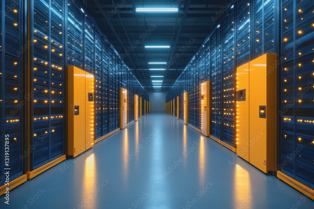 Poster long hallway filled with rows of yellow servers representing modern data storage solutions and smart