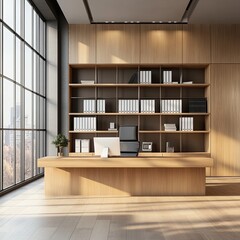 Modern Minimalist Executive Office with Large Window and Wooden Desk and Bookcases