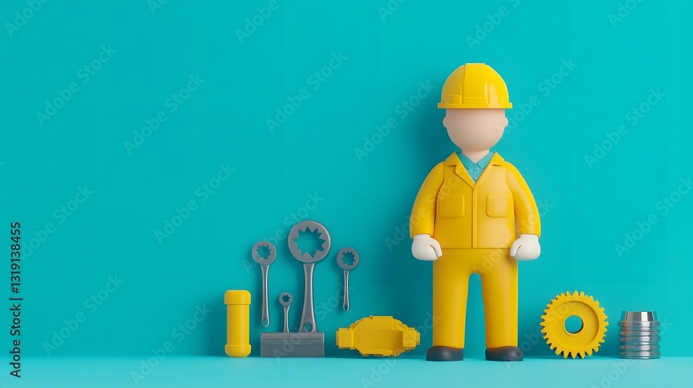 Poster cute mechanic figure assembling engine components with colorful tool set in 3d