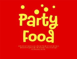 Vector Joyful logo Party Food. Yellow Holiday Font. Funny Handwritten Alphabet Letters and Numbers set.
