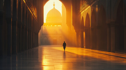A solitary figure walks through a grand archway at sunset, revealing a majestic dome in the background, with warm light illuminating the serene atmosphere