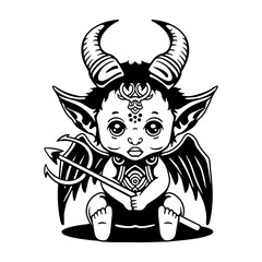 Cute gothic baby demon with horns, wings, and a trident. Black and white fantasy line art, perfect for coloring books, tattoos, and mystical designs.